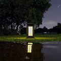 Outdoor Lights With Various Modern Designs Illuminating Night Grass And Water Reflections