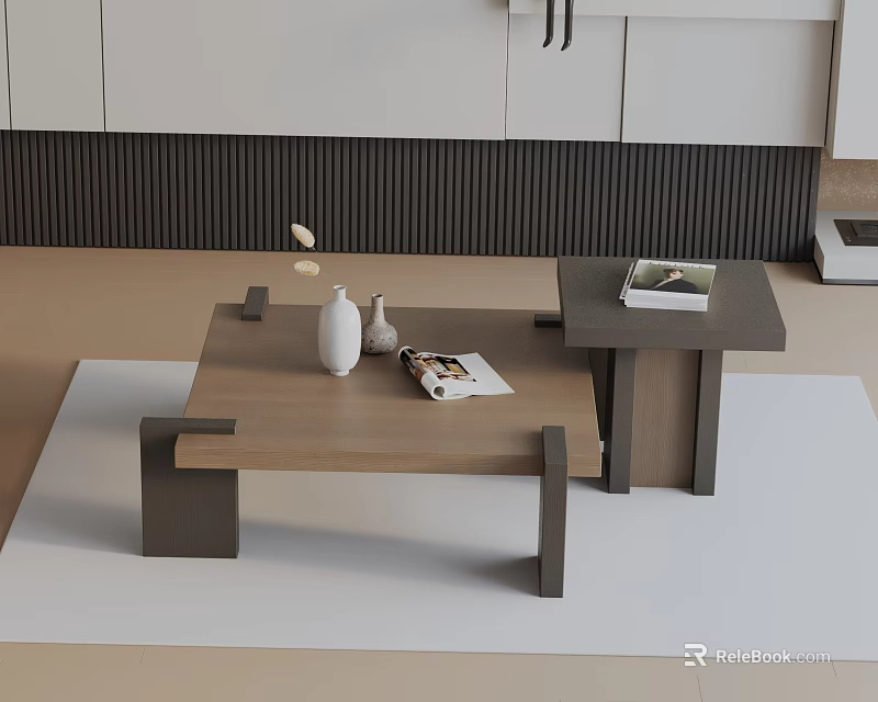 Modern Sofa Coffee Table Set With Wooden Design Decorative Vase And Magazine On White Rug 3d model 