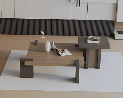 Modern Sofa Coffee Table Set With Wooden Design Decorative Vase And Magazine On White Rug 3d model