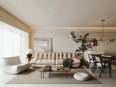 Modern Living And Dining Room Interior With Beige Sofa White Armchair And Dining Table 3d model