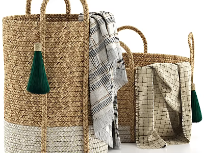 Woven Seagrass Storage Baskets With Tassels And Cloths 3d model
