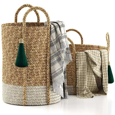 Woven Seagrass Storage Baskets With Tassels And Cloths 3d model