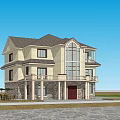 Two Story Detached Villa With Beige Exterior Gray Roof Large Windows Porch And Greenery