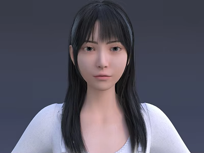 A Woman With Long Black Hair And Fringe Wearing White Top Against Gray Background 3d model