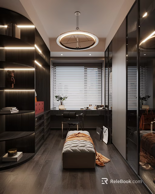 Modern Walk in Closet With Dark Cabinets And Lighting 3d model