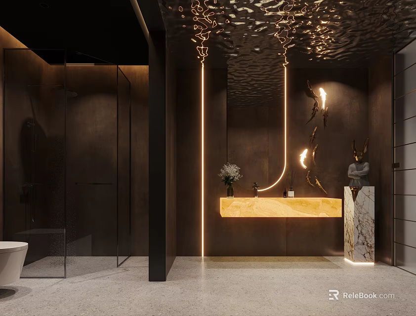 Modern Dark Bathroom Interior Design With Marble Vanity Mirror And Ambient Lighting 3d model 