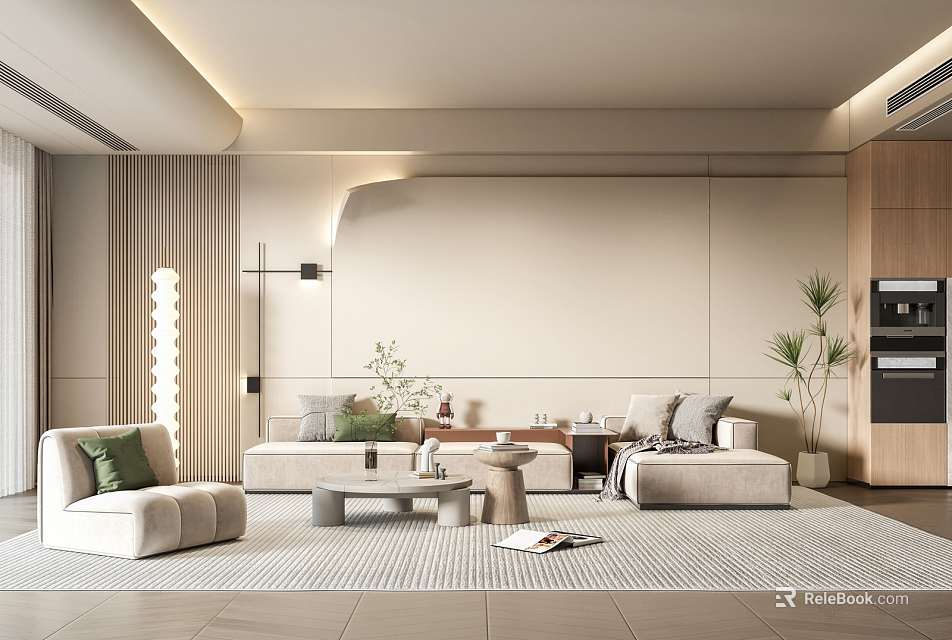 Modern Living Room Interior With Beige Walls Sofa Green Cushions Coffee Table Rug And Plants 3d model 