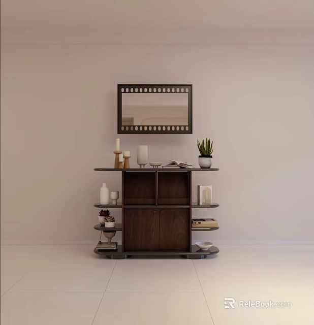 Modern Brown Wooden Sideboard With Open Shelves Decorative Candles Potted Plant And Mirror 3d model 