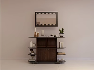 Modern Brown Wooden Sideboard With Open Shelves Decorative Candles Potted Plant And Mirror 3d model