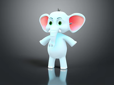 Cute Light Blue Cartoon Elephant With Pink Ears Green Eyes Standing On Reflective Surface 3d model