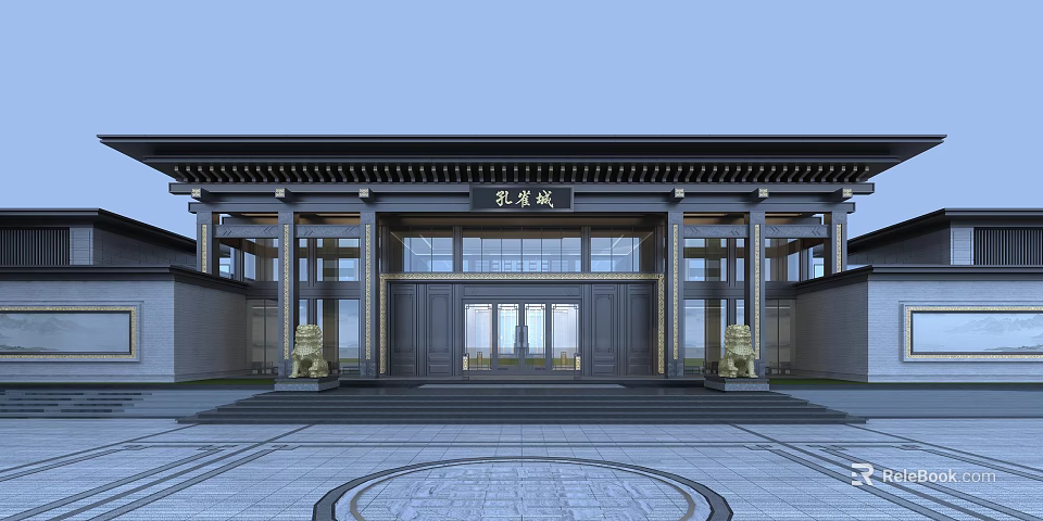 Traditional Chinese Peacock City Entrance Gate With Eaves Stone Lions And Steps 3d model 