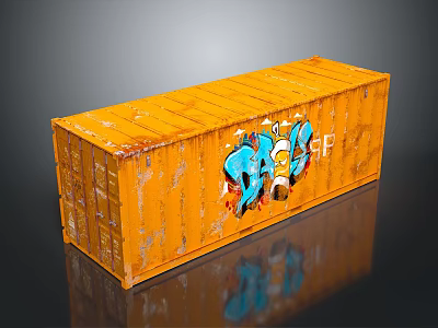Orange Cargo Container With Blue Graffiti Art On Exterior Surface 3d model