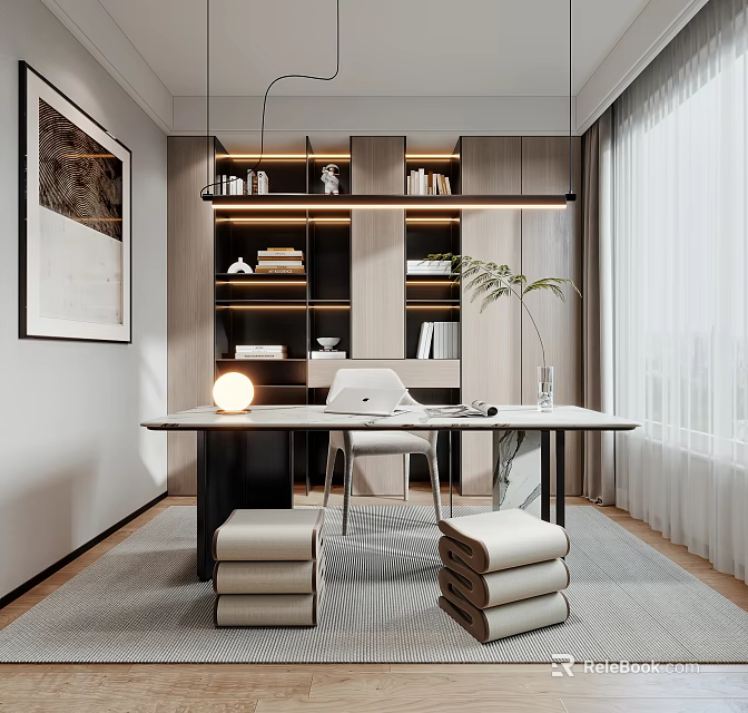 Modern Study Room Interior Design With Desk Chair Bookshelf Pendant Lights And Wall Art 3d model 