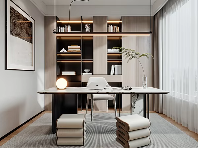 Modern Study Room Interior Design With Desk Chair Bookshelf Pendant Lights And Wall Art 3d model