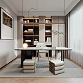 Modern Study Room Interior Design With Desk Chair Bookshelf Pendant Lights And Wall Art