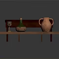 Rustic Wooden Bench And Shelf Display With Green Bottle Terracotta Amphora And Small Goblet