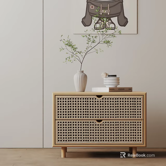 Modern Wooden Side Table with Rattan Drawers Vase and Stacked Books 3d model 