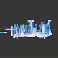 Cartoon Style 3D City Scene with Blue White Building Models and Reflections