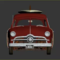 Classic Red Vintage Station Wagon With Wooden Panels And Surfboard On Roof