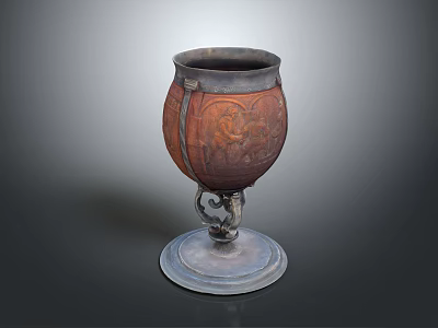 Vintage Copper Decorative Vessel Featuring Intricate Carvings And Ornate Base 3d model