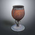 Vintage Copper Decorative Vessel Featuring Intricate Carvings And Ornate Base