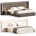 Modern Double Bed With Quilted Mattress Upholstered Headboard Pillows And Bedside Stool