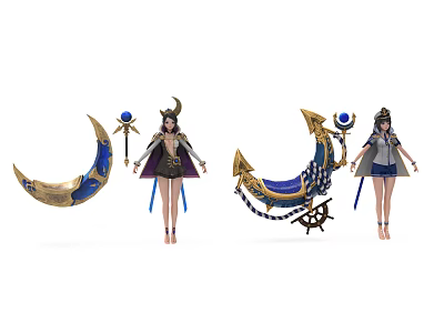 Fantasy Game Movie Characters with Crescent Decorations and Steering Wheel Elements in Ornate Costumes 3d model