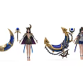 Fantasy Game Movie Characters with Crescent Decorations and Steering Wheel Elements in Ornate Costumes