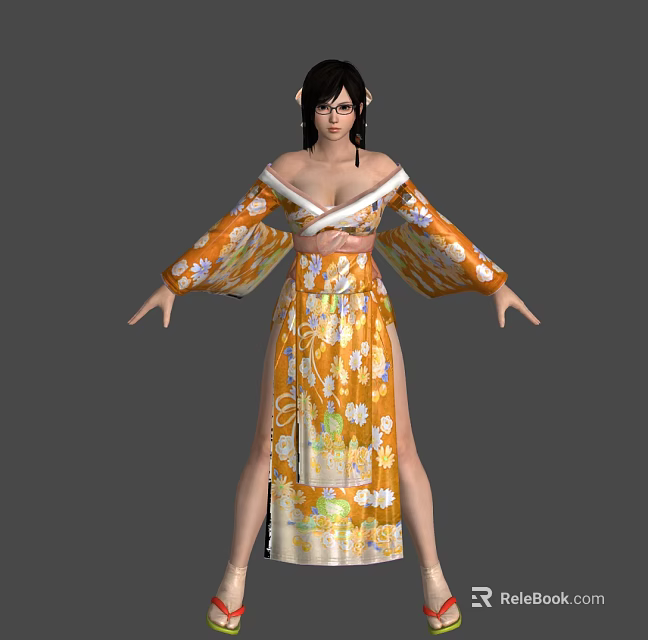 Woman in Orange Floral Kimono Wearing Glasses with Open Arms Pose 3d model 