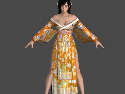 Woman in Orange Floral Kimono Wearing Glasses with Open Arms Pose 3d model