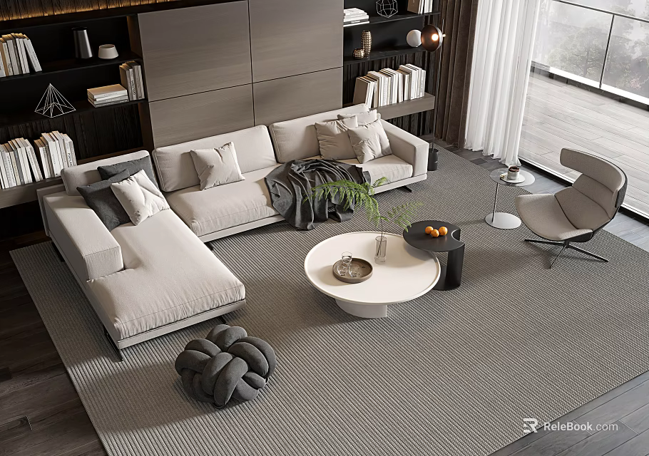 Modern Light Sofa And Coffee Table Set With Pillows Round Table Rug And Accent Chair 3d model 