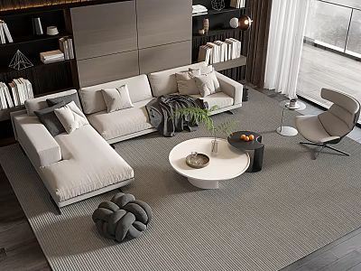 Modern Light Sofa And Coffee Table Set With Pillows Round Table Rug And Accent Chair 3d model