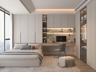 Modern Minimalist Tatami Bedroom Interior With White Wardrobes Study Desk And Large Window 3d model