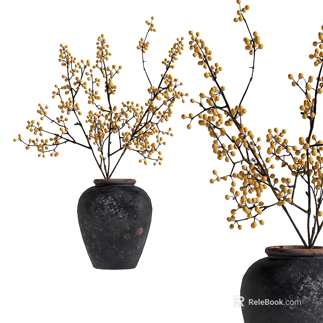 Decorative Black Ceramic Vases With Yellow Flower Branches For Interior Decor 3d model