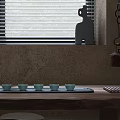 Rustic Tea Table And Chairs With Dry Branch Vases By Window Blinds And Rough Wall