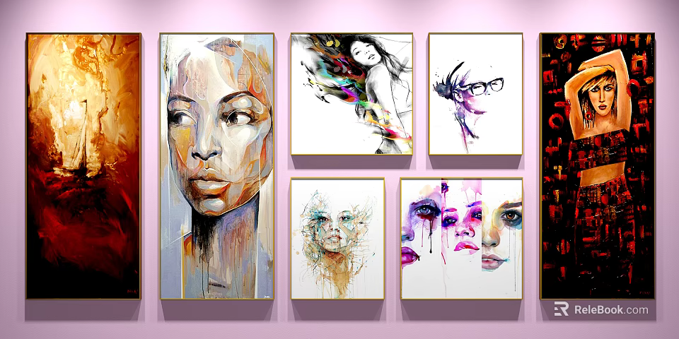 Colorful Abstract Portraits Wall Art Collection With Diverse Styles And Vibrant Brushstrokes 3d model 