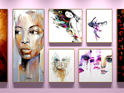 Colorful Abstract Portraits Wall Art Collection With Diverse Styles And Vibrant Brushstrokes 3d model