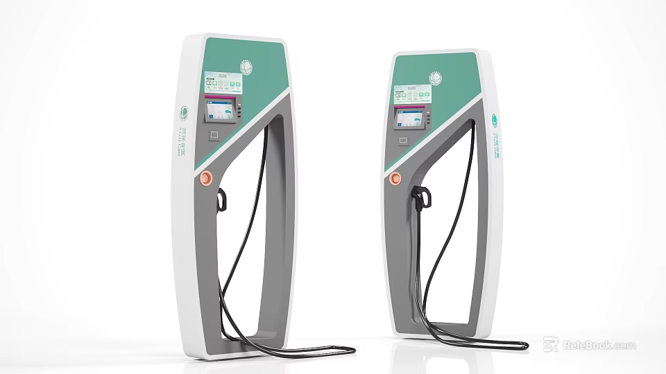 Modern White And Green Electric Vehicle Charging Stations With Screens And Cables 3d model 