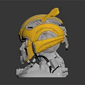 Decorative Yellow Robot Head with Black Stripes Antennas Silver Metallic Base 3d model