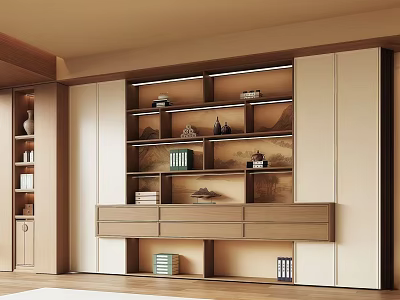 Modern Bookcase Interior Design With Wooden Shelves Drawers Books And Decorative Items 3d model