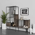 Modern Wooden Metal Frame Shelving Unit With Decorative Vases Books And Potted Plant