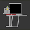Laptop On White Stand With Beverage Bottle And Red Electronic Keyboard