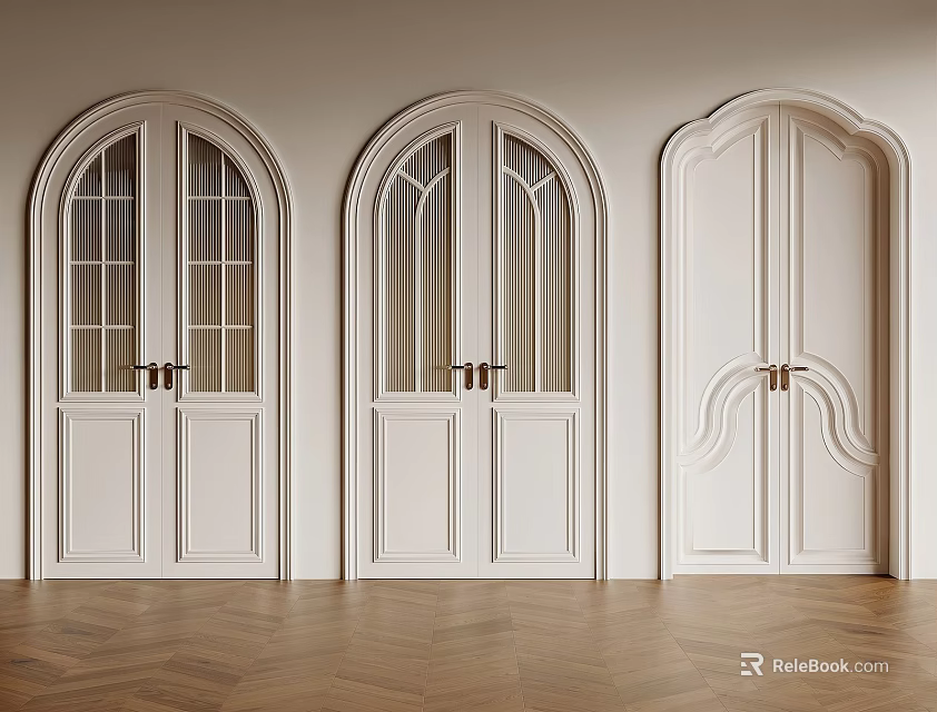 White Double Doors With Arched Rectangular Designs Glass Panes And Brass Handles On Wooden Flooring 3d model 