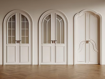 White Double Doors With Arched Rectangular Designs Glass Panes And Brass Handles On Wooden Flooring 3d model