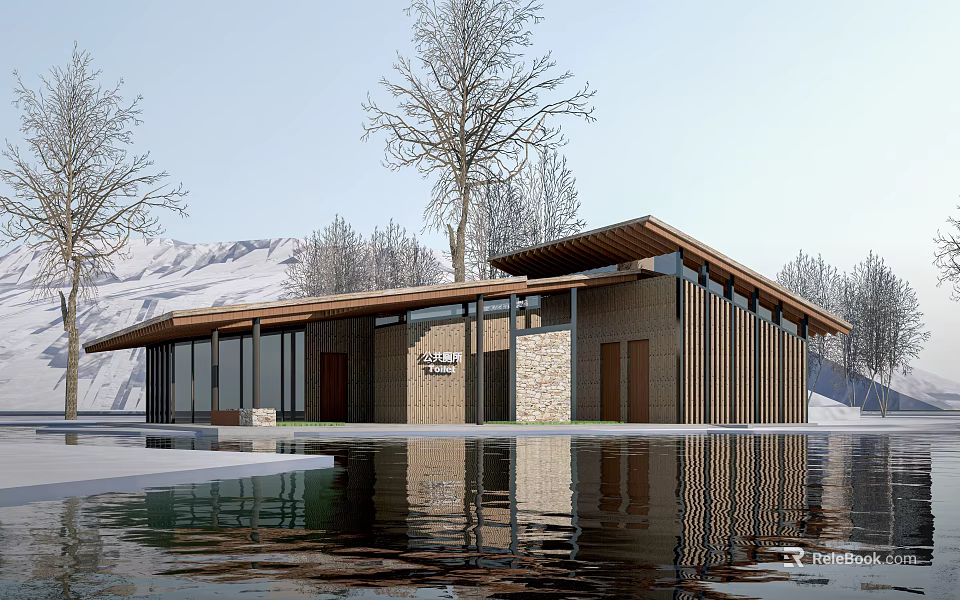 Modern Waterfront Pavilion With Large Glass Windows Wooden Roof And Mountain View 3d model 