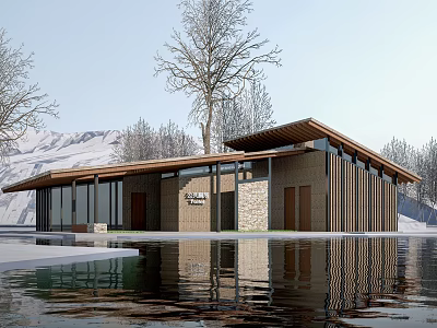 Modern Waterfront Pavilion With Large Glass Windows Wooden Roof And Mountain View 3d model