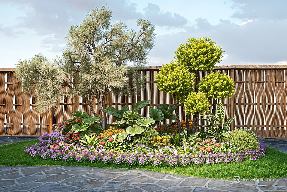Beautiful Garden With Colorful Flowers And Plants Bamboo Fence Stone Path And Green Trees 3d model 