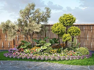 Beautiful Garden With Colorful Flowers And Plants Bamboo Fence Stone Path And Green Trees 3d model