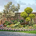Beautiful Garden With Colorful Flowers And Plants Bamboo Fence Stone Path And Green Trees