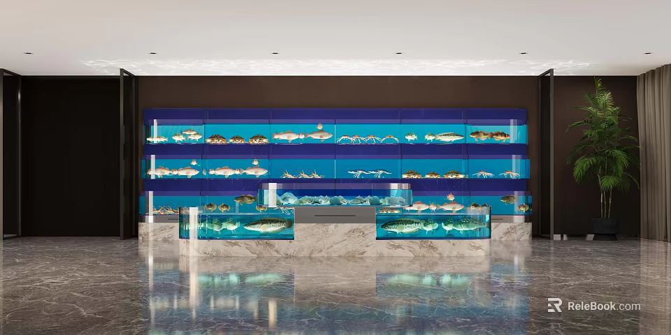 Multiple Layer Fish Aquarium Display With Blue Background And Marble Countertop 3d model